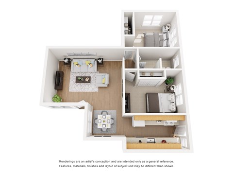 A white floor plan of a small apartment with a kitchen, living room, and bedroom.